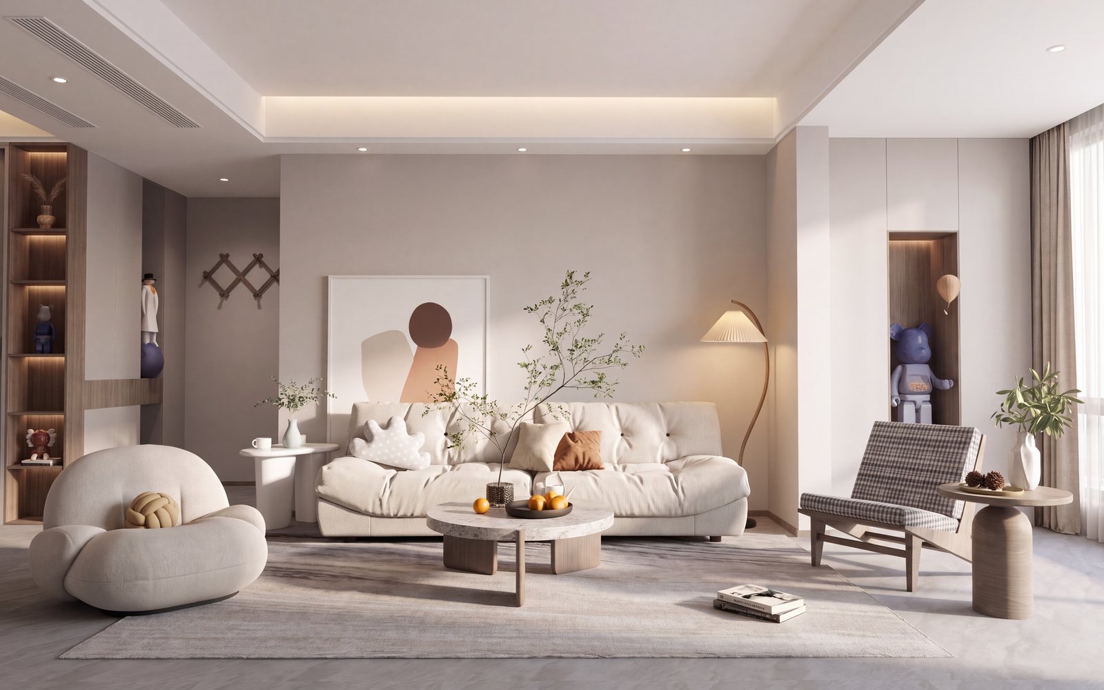Render từ phối cảnh SketchUp phòng khách tông kem