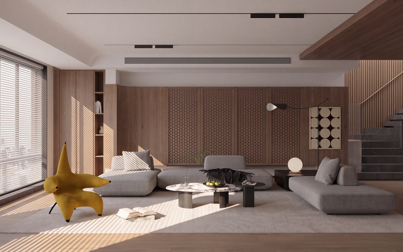 Render từ ảnh 3D thô phòng khách vách lam gỗ