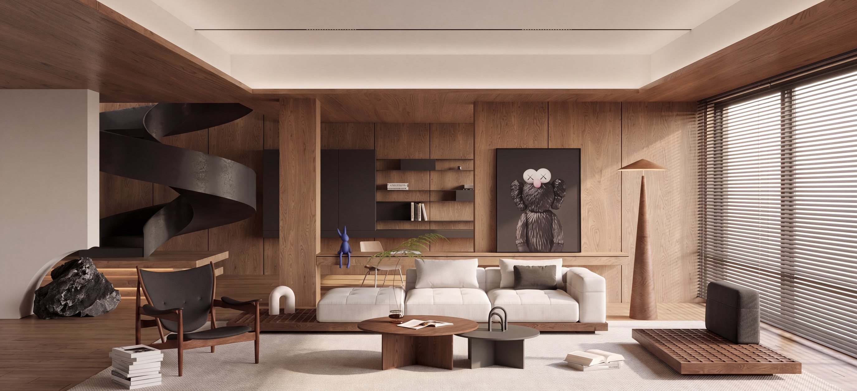 Ảnh render phòng khách ốp gỗ
