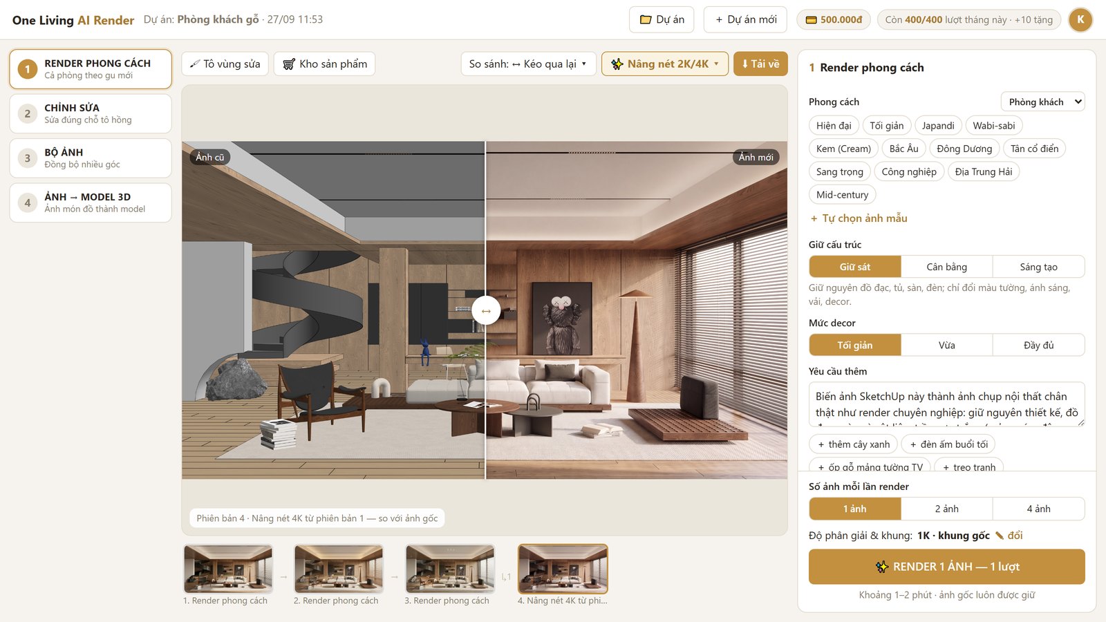 Khung Render phong cách: so sánh ảnh SketchUp với ảnh render, chọn phong cách, giữ cấu trúc, mức decor